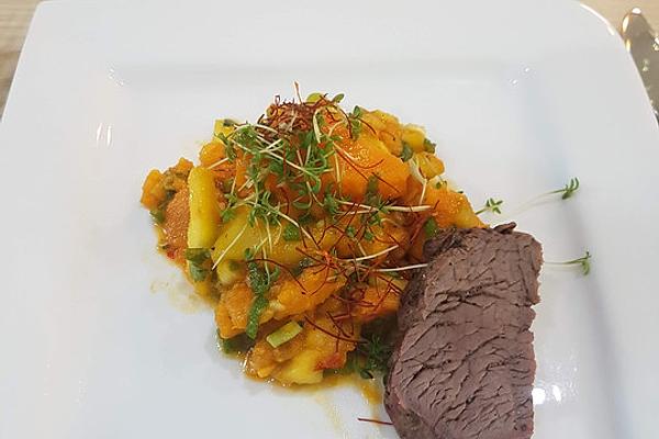 Sweet Potato Salad with Mango, Spring Onions, Chilli and Beef Fillet