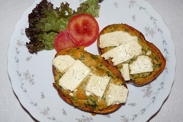 Sweet Potatoes with Spinach and Hummus, Baked with Feta Cheese