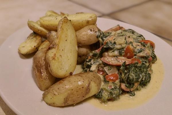 Swiss Chard and Tomato Pan with Fried Triplets (potatoes)