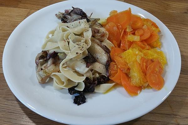 Tagliatelle in Carrot and Orange Sauce with Fried Chicory and Radicchio Strips