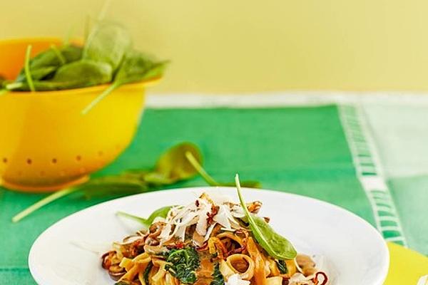 Tagliatelle with Spinach, Mushrooms and Caramelized Onions