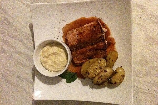 Teriyaki Salmon Fillet with Spring Potatoes and Fennel Wasabi Foam