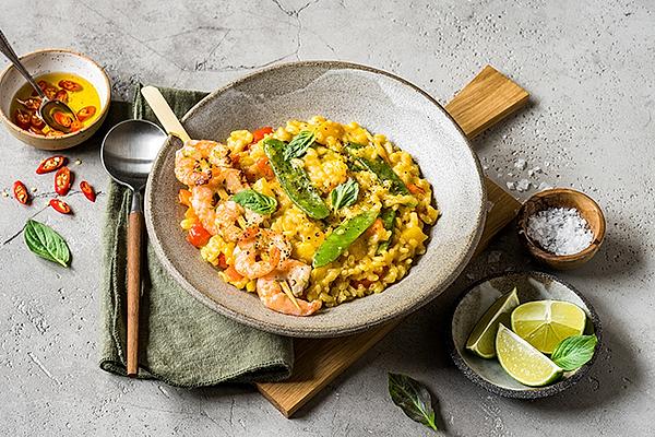 Thai Curry Risotto with Prawn Skewers and Chili Oil