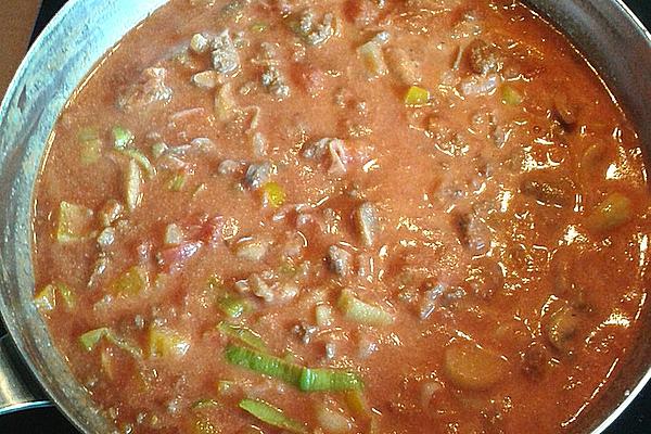 Tomato and Cheese Soup with Meat and Vegetables