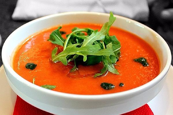 Tomato and Strawberry Soup with Mint Pesto and Rocket