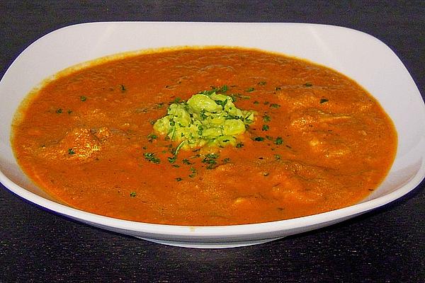 Tomato Soup with Chicken, Sheep Cheese and Avocado