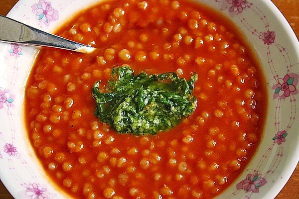 Tomato Soup with Pearl Barley and Pesto