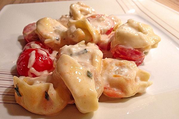 Tortellini with Cheese Sauce and Cocktail Tomatoes