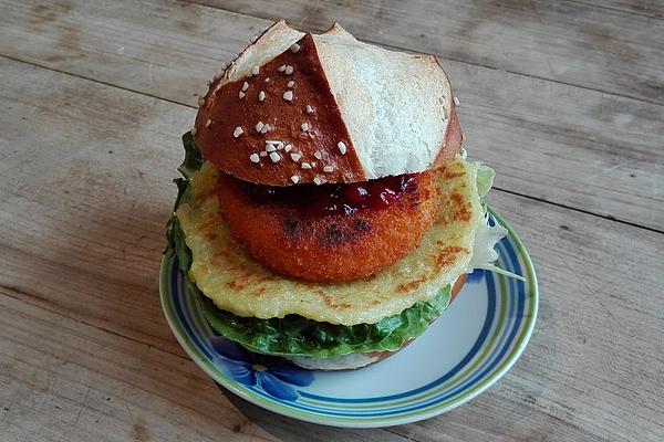 Treat Yourself Burger with Camembert and Potato Pancakes