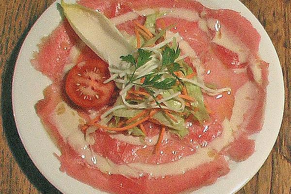 Tuna Carpaccio with Olive Oil – Lime Sauce and Parmesan Cream