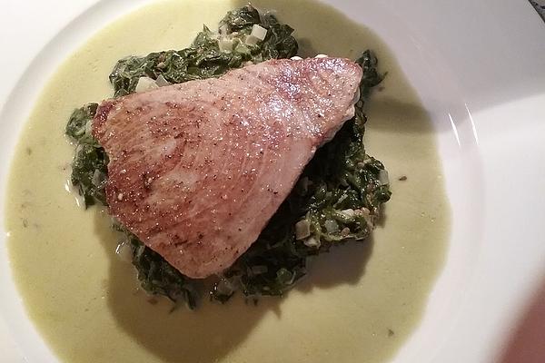 Tuna Steak on Coconut Spinach with Sesame Oil