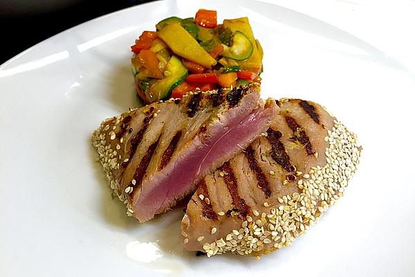 Tuna, Warm and Cold, with Sesame Crust and Stir-fried Vegetables