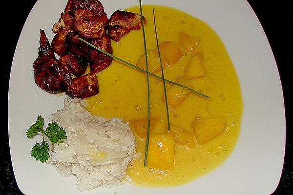 Turkey Breast Strips on Sweet and Spicy Mango Cream Sauce with Rice