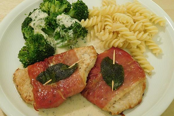 Turkey Saltimbocca with Broccoli and Cheese Sauce