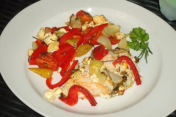 Turkey Schnitzel with Bell Pepper, Tomatoes and Sheep Cheese