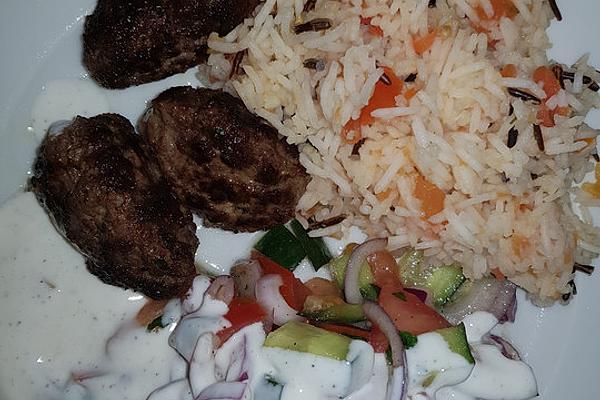 Turkish Meatballs with Lettuce, Yogurt Sauce and Tomato Rice