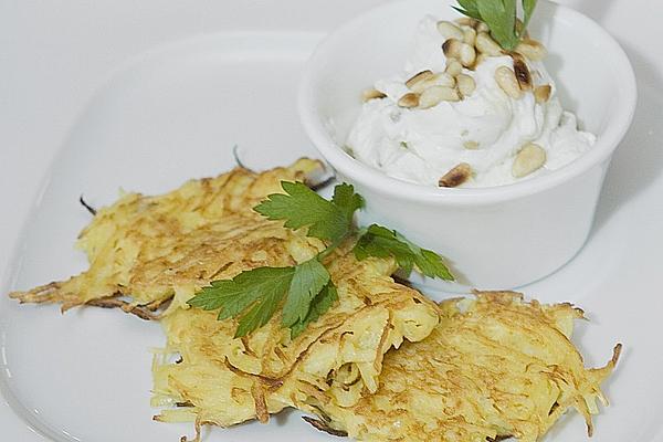 Turnip Patties with Goat Cream Cheese Dip and Pine Nuts