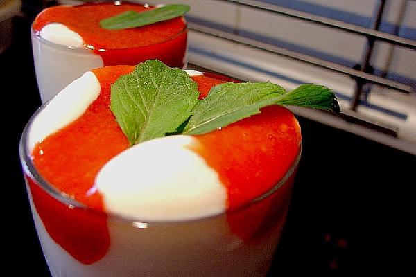 Vanilla Yoghurt Foam with Hot Strawberry Sauce