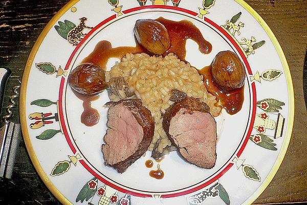 Veal Fillet Fried in Cocoa with Chanterelle Risotto and Balsamic Shallots
