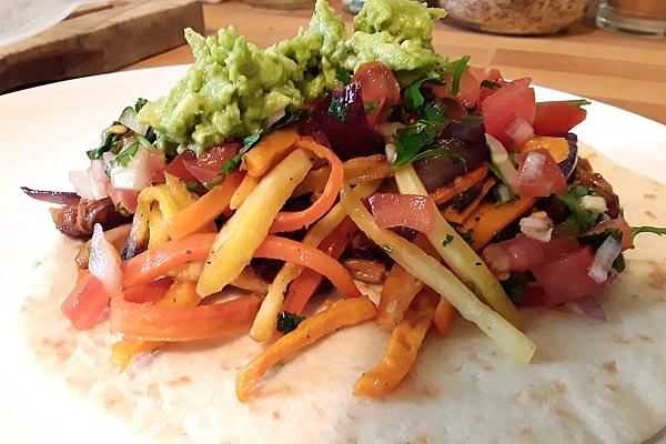 Vegan Tacos with Jackfruit, Oven Vegetables, Guacamole and Pico De Gallo