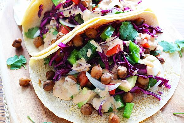 Veggie Chickpea Tortillas with Sesame Lime Sauce