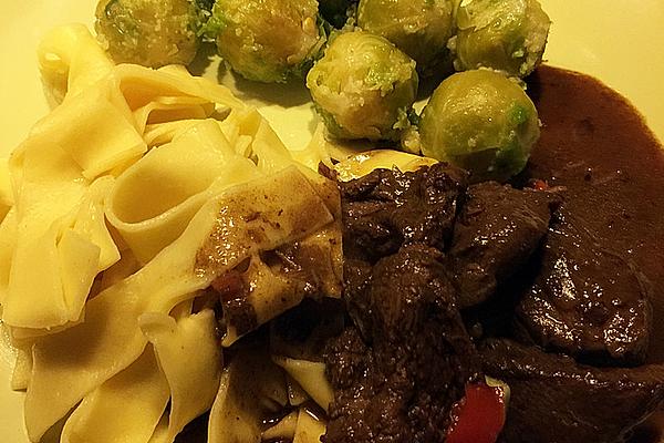 Venison Goulash with Brussels Sprouts and Ribbon Noodles