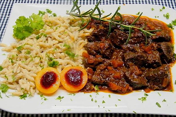 Venison Goulash with Cranberries and Hazelnut Spaetzle