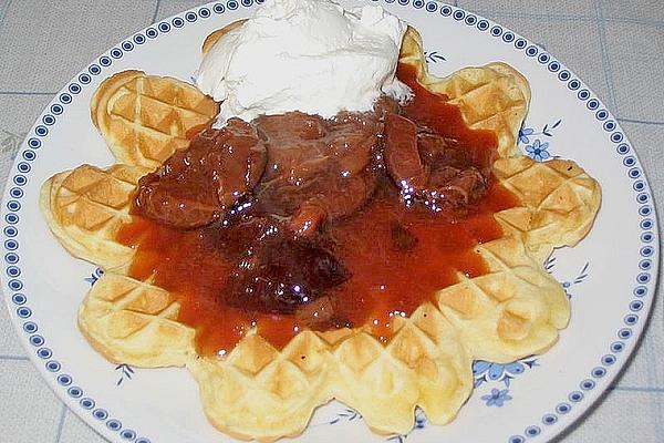 Waffles with Cinnamon Plums and Whipped Cream