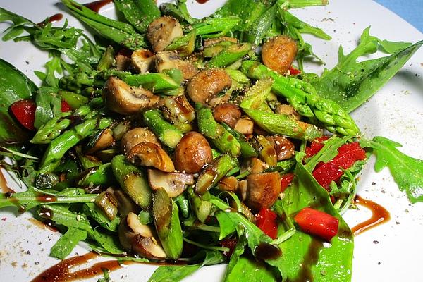 Warm Asparagus Salad with Mushrooms and Wild Garlic on Rocket