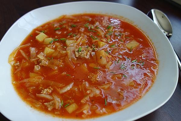 White Cabbage Mince Soup on Tomato Basis