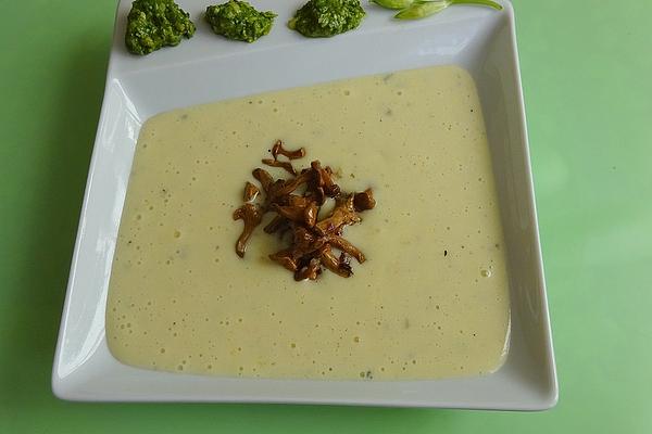 White Potato Soup with Wild Garlic Pesto and Fried Chanterelles