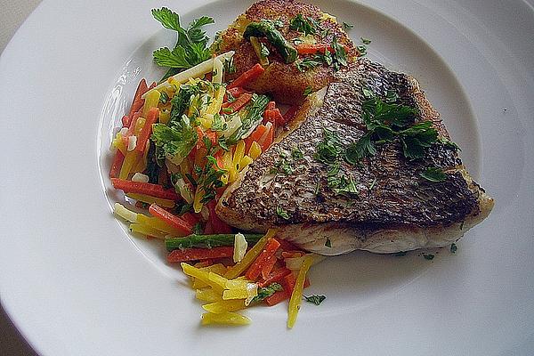 White Snapper Fried on Skin with Vegetable Julienne
