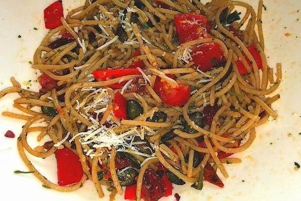 Whole Grain Spaghetti Aglio E Olio with Tomatoes and Pine Nuts