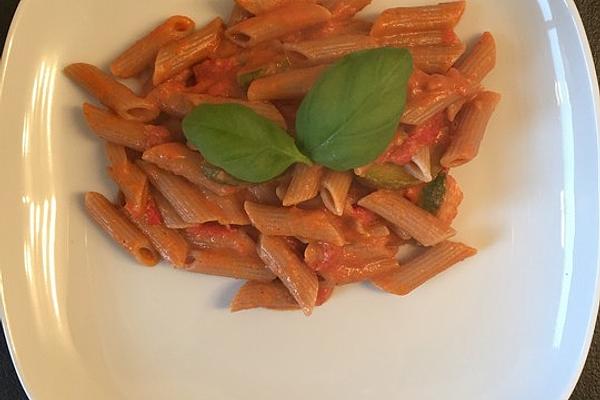 Whole Wheat Pasta in Tomato-mozzarella Sauce with Fried Zucchini