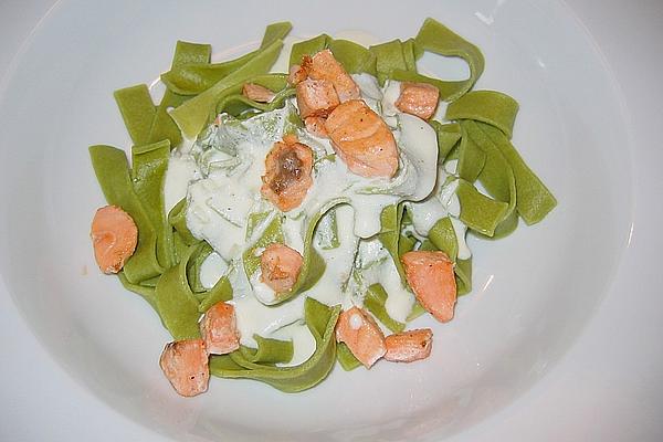Wild Garlic Noodles with Ricotta and Salmon Cubes