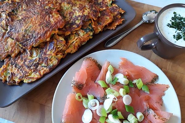 Zucchini and Carrot Fritters with Smoked Salmon