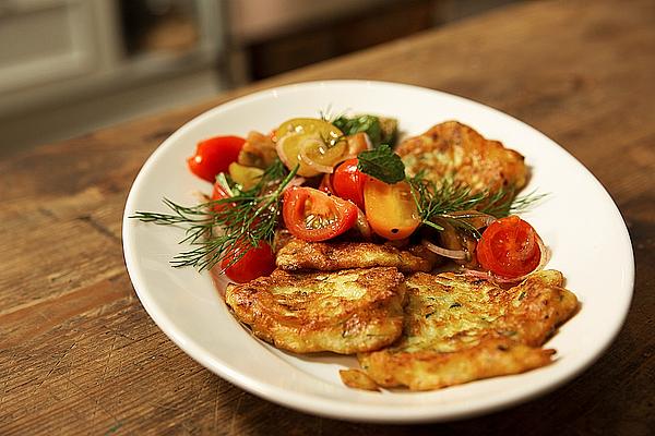 Zucchini and Ricotta Pancakes with Colorful Tomato Salad