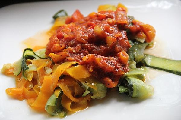 Zucchini Carrot Noodles in Fiery Hot Paprika Tomato Sauce