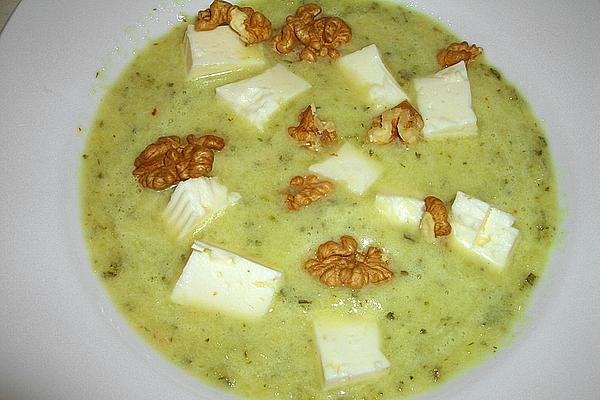 Zucchini Cream Soup with Diced Sheep`s Cheese and Roasted Walnuts