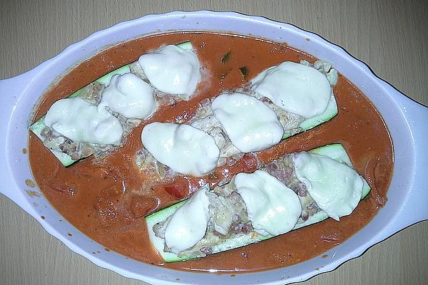 Zucchini with Chicken and Ham Filling in Tomato Sauce