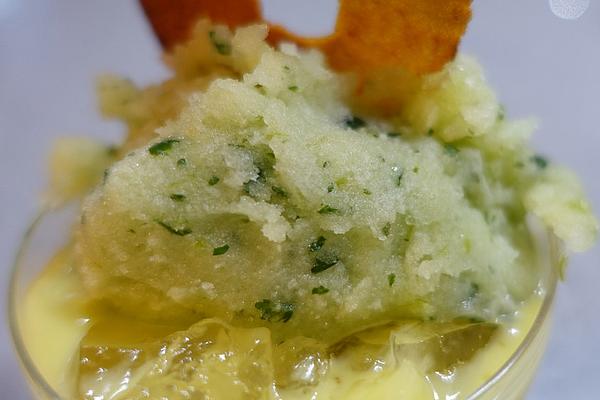Apple and Coriander Sorbet with Eucalyptus Jelly and Pineapple Tartare in Lemongrass Oil