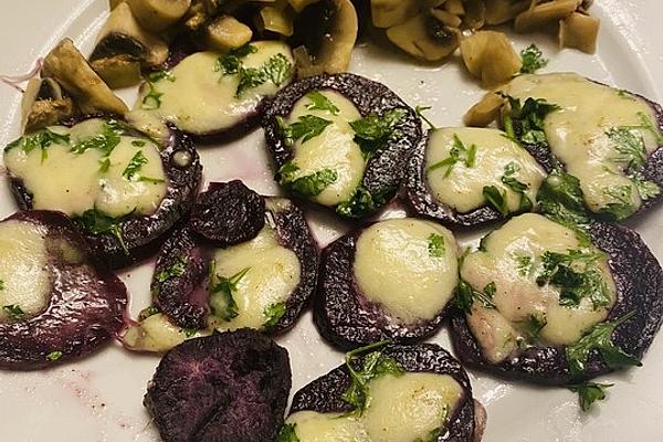 Baked Purple Potato Carpaccio with Brown Mushrooms