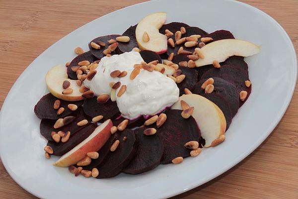Beetroot Carpaccio with Apple, Horseradish Sour Cream and Pine Nuts