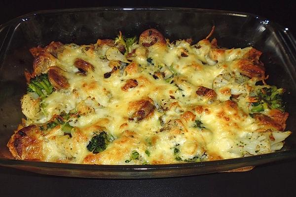 Broccoli – Cauliflower – Casserole with Thuringian Bratwurst