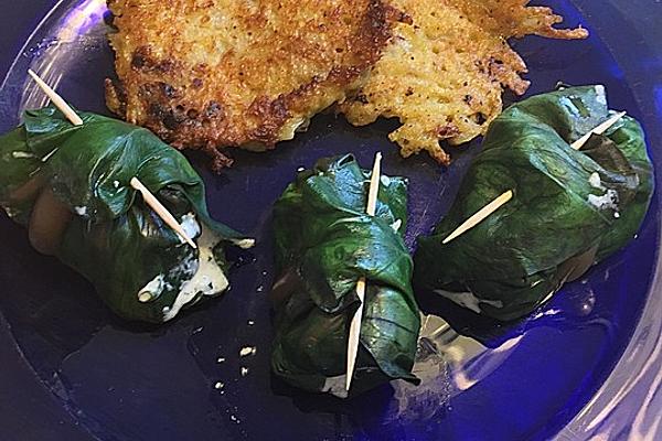 Chard Rolls with Goat Cheese and Minced Meat Filling on Potato and Chard Rösti