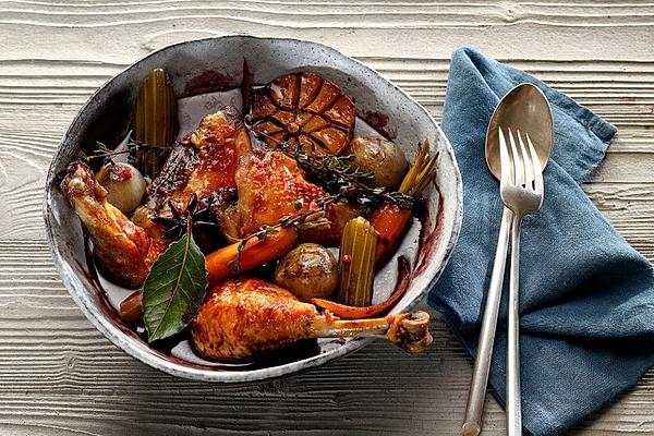Chicken Breast and Chicken Legs in Red Wine Stock with Stewed Vegetables