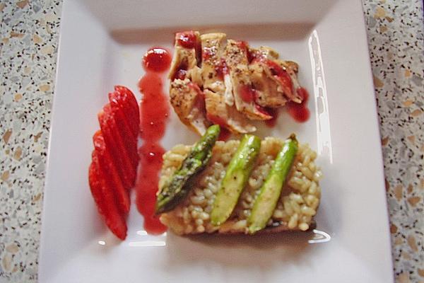 Chicken Breast, Green Asparagus and Strawberry Ragout with Pumpkin Seed Risotto