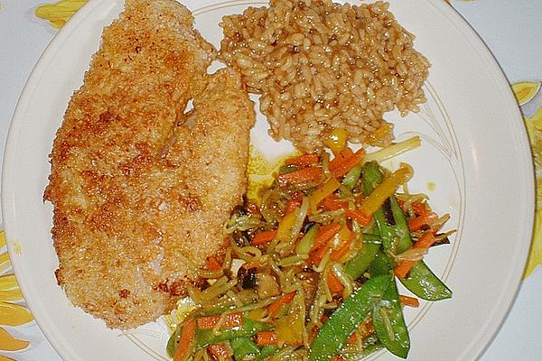 Coconut-coated Cichlid with Stir-fried Vegetables on Gravy Risotto
