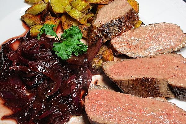 Duck Breast with Spicy Potato Cubes and Delicious Red Wine Sauce