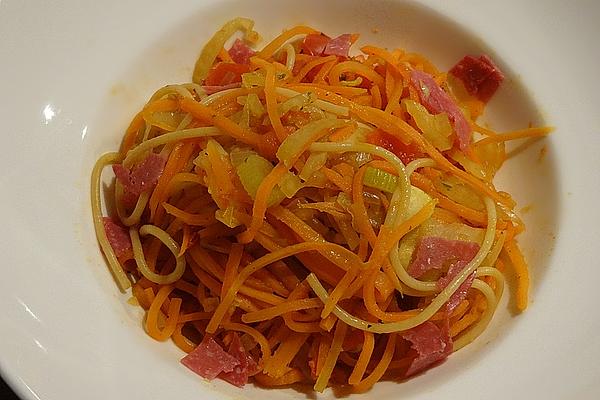 Fennel and Carrot Pasta with Tomatoes and Salami Strips
